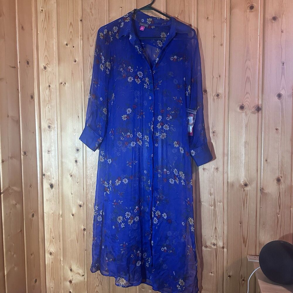 Vince Camuto Size S Electric Blue Floral Sheer Maxi Shirt Dress Duster NWT